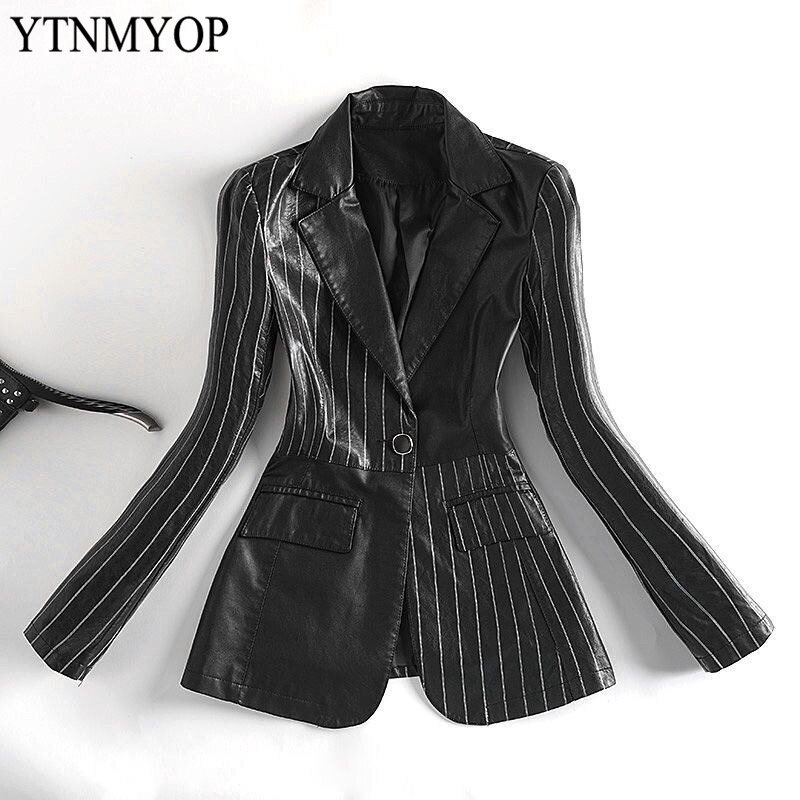 Fashion Spliced Jacket Women One Button Leather Co..